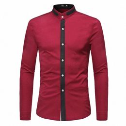 stand Collar Patchwork Wine Red Dr Shirt For Men Formal Busin Lg Sleeve Shirt Male Slim FIt Banquet Prom Chemise Hombre N1AW#