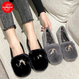 Casual Shoes Wool Female Winter Wear Flat 2024 Water Diamond Buckle Bean Plus Velvet Net Red Women's Large Size 35-43