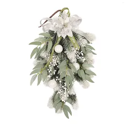 Decorative Flowers Artificial Christmas Flower Upside Down Tree Wreath White Green Leaves Garland Door Wall Hanging Decoration Xmas Supply