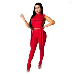 Women's Two Piece Pants Red Sleeveless Crop Top Set Fashion O Neck Bandage Up Cropped Long Suit Casual Elegant Sets 2 Beach Outfit