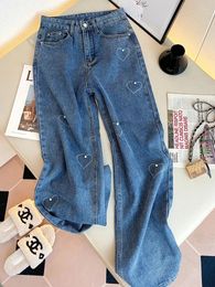 Women's Jeans Vintage Wide Leg High Waist Love Pattern Loose Casual Pocket Denim Pants Beaded Y2K Boyfriend Baggy Women Streetwear