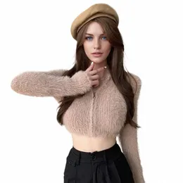 여자 스웨터 기질 짧은 신사 봉제 코트 지퍼 오프 어깨 니트 가디건 25me#