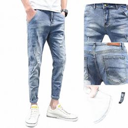fi 2022 casual Stretch denim jeans men's Korean elastic feet spring autumn teenager students ripped ankle pencil pants 32r3#