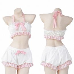 lolita Cute Girl Ruffles Women Kawaii Maid Outfit Sweet Sexy Sleepwear Servant Cosplay Costumes Bow Lace Tops and Bloomers Set E8kE#