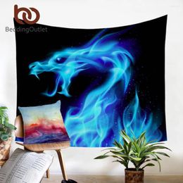 Tapestries BeddingOutlet Blue Fire Tapestry Cool Dragon Decorative Wall Hanging Snake Black Bedspreads Animal 3D Print Bed Sheets 130x150cm
