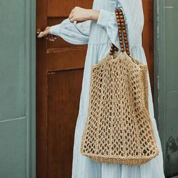 Evening Bags Handmade Woven Straw Women Bag Hollow Out Handbag Beaded Large Capacity Shoulder