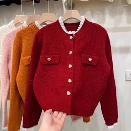 Women's Knits French Small Fragrant Wind Wood Ear Stitching Bright Silk Knit Cardigan Lady 2024Spring Autumn Soft Waxy Love Button Sweater