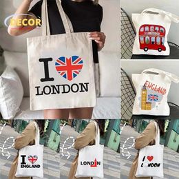 Storage Bags London Bridge Canvas Tote Bag Big Ben England Flag Map Shoulder Shopping Landscape Skyline United Kingdom British Women