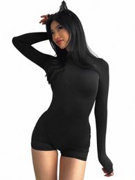 lg Sleeve Playsuit One Piece Sexy Rompers Women Jumpsuit Zipper Bodysuit Bodyc Combinais Femme Black Ropa Mujer Turtleneck v8uZ#