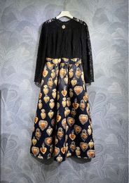 2024 Autumn Floral Print Panelled Dress Black Long Sleeve Round Neck Midi Casual Dresses T4M182251