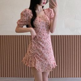 Casual Dresses Beach Po Waist Up Short Skirt Bubble Sleeves Lotus Leaf Floral Dress Women'S Square Neck Side Sweet