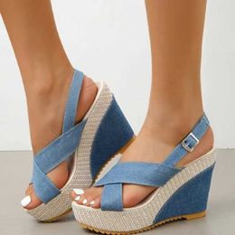 Sandals Plus Size 35-42 Womens Ankle Buckle Wedge Summer Denim Comfortable Thick Sole H240328CEL3