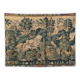 Tapestries FANTASTIC ANIMALS AND HORSES IN WOODLAND Blue Green Ivory Antique French Tapestry Wall Decorations Mushroom