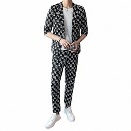 spring Summer 2 Pieces Suits Men Korean Slim Letter Printing Suits for Men Clothing Office Work Party Prom Blazer Trousers 2023 S9ol#