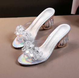 Slippers VKJF 2023 New PVC Jelly Sandals Womens Crystal Leather Toe High Heels Transparent Pump H240328