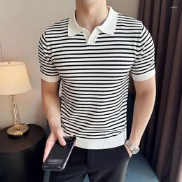 Men's Polos Summer Striped Knitted Sweater For Men Short Sleeve Casual POLO Shirts Male Slim Fit Business Social Lapel T-shirts Clothing