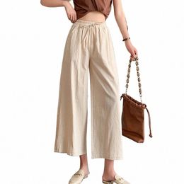 spring Summer Women Wide Leg Cott Pants Casual loose ealstic waist wide leg Calf-Length Pants for Female Trousers z1w1#