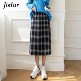 Skirts A-line Navy Khaki Black Plaid Skirt Female Winter Elastic High Waist Woolen Women Split Lady S-XL