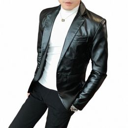 blazer Hombre PU Leather Jackets Men Fi Solid Slim Fit One Butt Busin Casual Blazers For Men Korean style Suit Jacket 812Y#