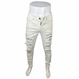 street Fi Men Jeans White Colour Elastic Stretch Skinny Ripped Jeans Men Bandana Patched Designer Hip Hop Brand Pants Hombre V4hH#
