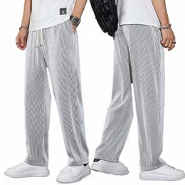 men Pants Mid-Rise Elastic Waistband Sweatpants Drawstring Pocket Wide Leg Ribbed Ultra-Thin Ice Silk Casual Trousers Streetwear i390#