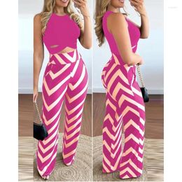 Women's Two Piece Pants 2024 Spring Summer Clothing Round Neck Sleeveless Vest Wide Leg Fashion Casual Set