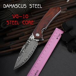 GRAGI G20 Folding Knife Damascus Steel Survival Knives Outdoor Adventure Mountain Climbing Camping Hunting Tool VG-10 Steel Core Wood Handle Pocket Knife EDC