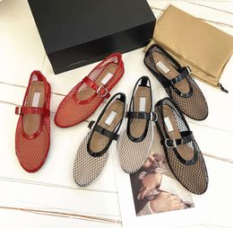 Top version round toe mesh belt buckle ballet shoes for women ALA * flat bottomed hollowed out Mary Jane single fishing net 888