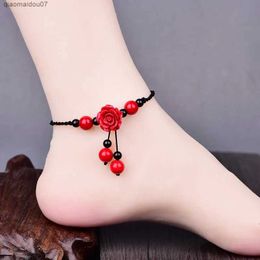 Anklets Ethnic style handmade knitted adjustable size wax patterned Anklet exquisite ruby classic cinnabar flower retro jewelryL2403