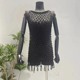 Casual Dresses 2024 Beautiful Embellished Fringed Mini Dress Glam Womens Pearls Slim Short Party Birthday Outfits