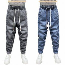 summer Korean Luxury Clothing Light Blue Youth Men's Light Blue Jeans Elastic Waist Casual Denim JEANS Slim Fit Cropped Pants h8gj#