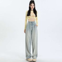 2024 Spring Fashion New High Waist Double Button Straight Leg Wide Leg Jeans Womens Korean Internet Celebrity Personalized Wear denim pants
