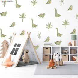 Stickers Cute Little Dinosaur Wall Sticker for Baby Nursery Room Living Room Green Leaves Herbivorous Dinosaur Home Decor PVC Wallpaper