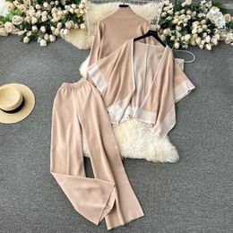 Women's Two Piece Pants 2024 Women Loose Lazy Cape Coat Turtleneck Pullover Sweater Casual Wide-leg Knitted Three-piece Set