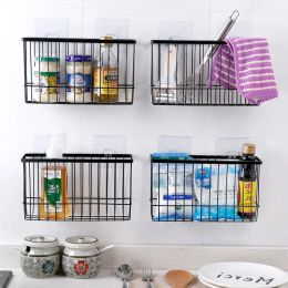 Baskets Self Adhesive Iron Storage Basket Bathroom Sundries Wall Storage Rack Kitchen Wall Hanging Storage Basket Organiser