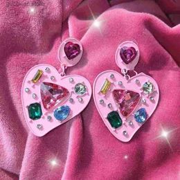 Charm Colourful Inlaid Rhinestone Earrings for Women Fashion Sweet Pink Heart Drop Earrings New Wholesale Gorgeous Jewellery Female Y240328