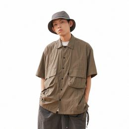 pocket Cargo Shirts Mens Letter Print Summer Safari Style Casual Loose Lapel Single Breasted Short Sleeve Shirts Men N1GI#