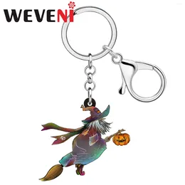 Keychains WEVENI Acrylic Funny Flying Witch Halloween Key Chains Ring For Women Kids Wallet Bag Charm Gifts