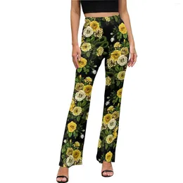 Women's Pants Rose Floral Yellow And Green Casual Flared Trousers Summer Female Custom Street Fashion Slim