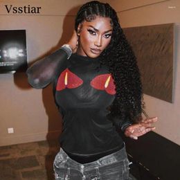 Women's T Shirts Vsstiar Sexy Mesh T-Shirt Black Long Sleeve O Neck Printed Women Crop Top Fashion Streetwear Party Clubwear Female