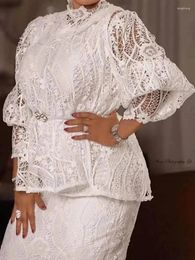 Casual Dresses Elegant White 2 Piece Outfit Women Lace Long Sleeve Mock Neck Top Blouse And Pencil Skirt Set Formal Cocktail Wedding Guest