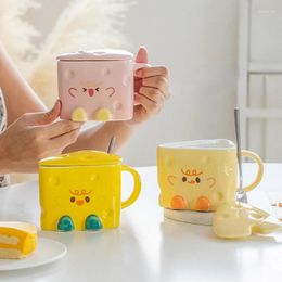 Mugs Cute Cheese Ceramic Mug Creative Cartoon Straw Cups Office Coffee Covered Spoon Breakfast Milk Cup Birthday Gift