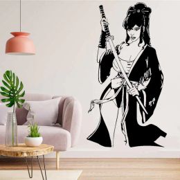 Stickers Japanese traditional female geisha wall sticker Bushido spirit sword spa club japanese restaurant decoration vinyl decal mural 6