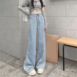 Women's Jeans Womens High Waist Wide Leg Straight Long Pant 90s Vintage Frayed Fringed Trim Loose Denims Trousers With Pockets