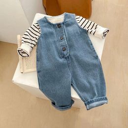 Clothing Sets 2024 Children's Spring Girls Striped Pure Cotton Long Sleeved Top Denim Jumpsuit Fashion Backstrap Pants Girl Set