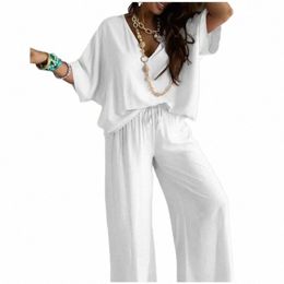mujer Casual Loose Solid V-neck Short Sleeved Top Pants Set White Fi Wide Leg Pants Set 2 Piece Sets Womens Outfits Summer w225#