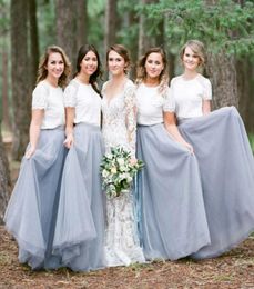 Vintage Country Two Piece Bridesmaid Dresses Lace Short Sleeves Top Jewel Neck Soft Tulle Silver Grey Skirt Floor Length Wedding G7283452