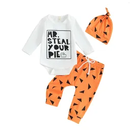 Clothing Sets 2024 0-24M Baby Girls Boys Halloween Outfits Letter Print Long Sleeve Romper Geometry Pants Hat 3Pcs Fall Clothes Set