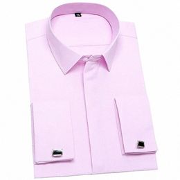 high Quality Men's Classic French Cuffs Solid Dr Shirt Comfort Formal Busin Standard-fit Lg Sleeve White Light Blue Pink q9B5#