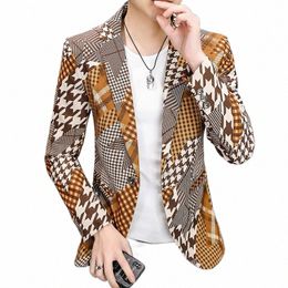 men Plaid Print Blazer 2022 Spring New Korean Fi Casual Slim Suit Jacket Wedding Busin Party Streetwear Male Clothing z7s9#
